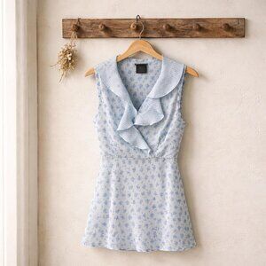 Vintage Blue Floral Ruffle Blouse Women’s Medium 7/9 Cottagecore Romantic Y2K